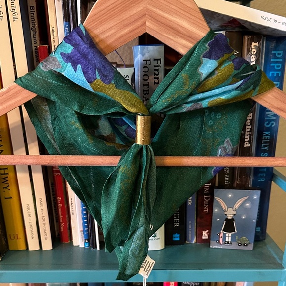 Chan Luu Green Scarf with Gold and Purple Floral design - Picture 6 of 7